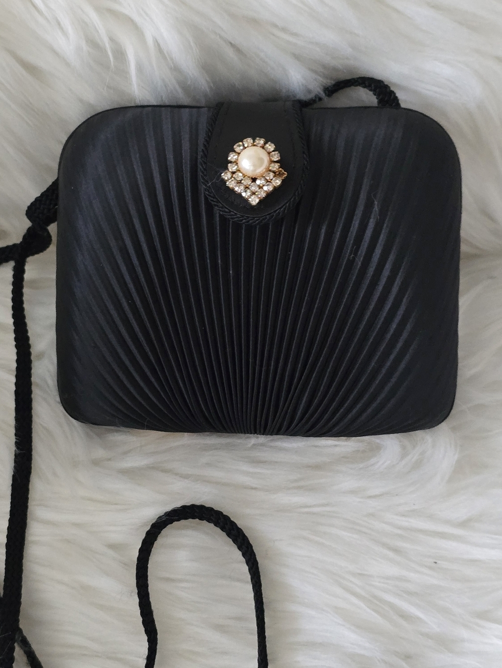 Black Satin Pleated Pearl-Rhinestone Embellished Evening Mini Crossbody Bag